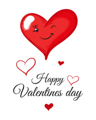 Happy Valentine’s Day greeting card with cartoon playful red heart character. Vector postcard