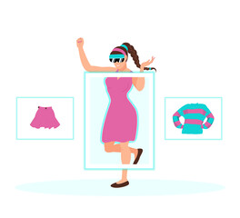 Young woman in virtual reality glasses try on clothes. Shopping of the future. Augmented reality fitting rooms. Flat isolated vector illustration