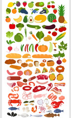 Food set. Vegetables, fruits, meat, seafood on white. Shop set of products.