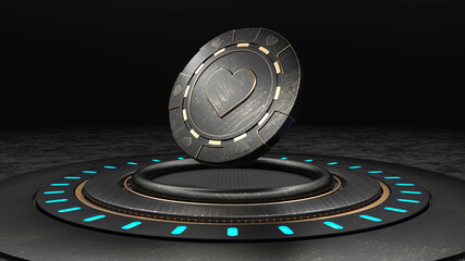 VIP Poker Luxury Black And Golden Chips On Luxury Black Stage - 3D Illustration