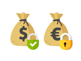 Money payment security lock protection icon or private pay transaction suspended or locked symbol flat cartoon illustration, dollar and euro moneybag cash sack with padlock