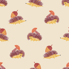 Pencil drawn seamless pattern with hedgehogs