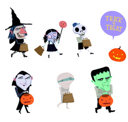 Invitación de Halloween o plantilla vectores de tarjeta de felicitación de truco o trato.