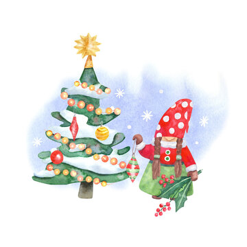 Cute girl gnome decorating Christmas tree. Hand painted watercolor illustration. Great for greeting cards.  Xmas design. Blue background.