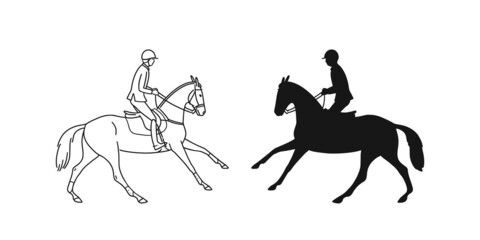 Equestrina athlete riding horse. Black and white vector illustration for coloring book