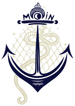 Anker Moin Ahoi. Maritimer Anker mit Seil, Moin Schriftzug, Boot, Wasser und Fischernetz.