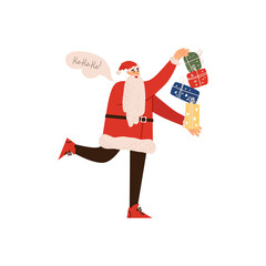 Cheerful santa claus carries New Year's gifts. Vector illustration. Isolated on a white background.