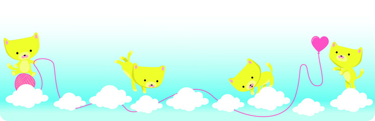 Cute kittens on clouds playing with a balloon heart