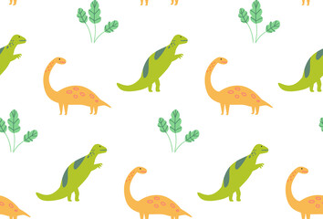 Dinosaur pattern, seamless texture green and yellow dinos on white. Kids room wallpaper, textile vector design