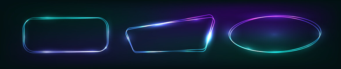 Set of neon double frames with shining effects