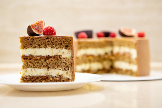 Coffee cake with nuts and mascarpone cheese cream  