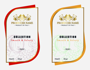 Premium Quality Red and White Wine Labels Set. Clean and Modern Design with Hand Drawn Grapes Bunch, Leaf and Stylish Minimal Typography.