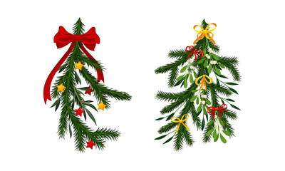 Christmas tree branches decorated with berries, bowa and stars set vector illustration