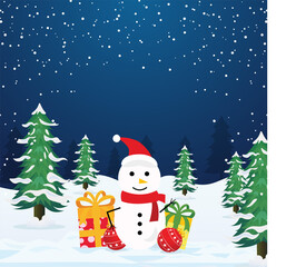 Christmas background in flat design with snowman and gift box