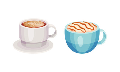 Cups of coffee set. Tasty aroma hot beverage in ceramic cups vector illustration