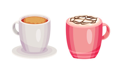 Ceramic mugs of coffee drinks set. Aroma hot beverages assortment vector illustration