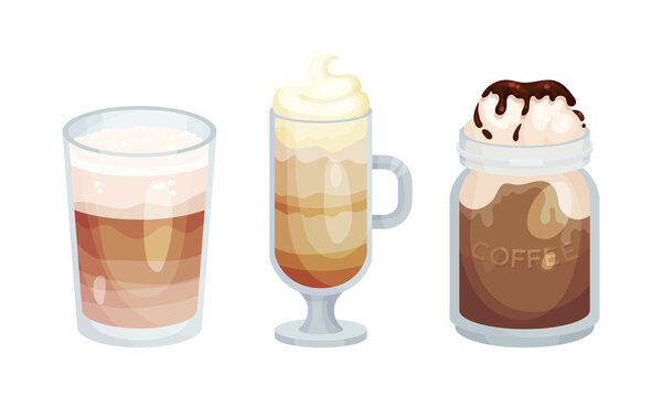 Glass mugs of coffee drinks set. Aroma hot beverages assortment vector illustration