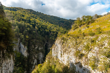 Fototapeta na wymiar Canyon on the Passerelle Holtzarte, Larrau. In the forest or jungle of Irati, north of Navarra in Spain and the Pyrenees-Atlantiques of France