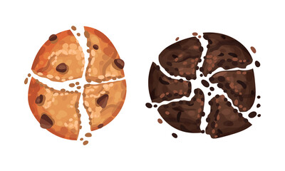 Broken crispy cookies set. Biscuits with chocolate chips and cocoa vector illustration