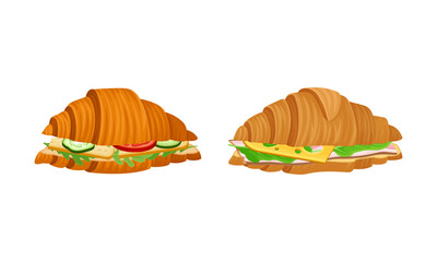 Crunchy croissants with various ingredients set. French croissant with ham, cucumber, cheese, tomato vector illustration