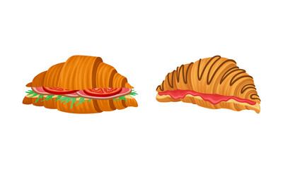 Crunchy croissants with various ingredients set. French croissant with sausage, tomato, jam, lettuce vector illustration