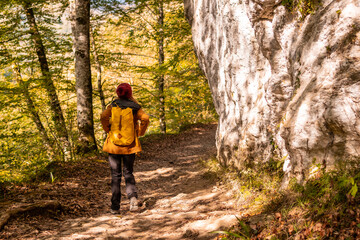 Fototapeta premium A young woman on the path to the Holtzarte suspension bridge, Larrau. In the forest or jungle of Irati, Pyrenees-Atlantiques of France