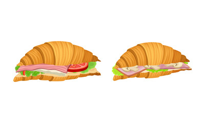 Crunchy croissants with various ingredients set. French croissant with mushroom, ham, cheese, sausage vector illustration