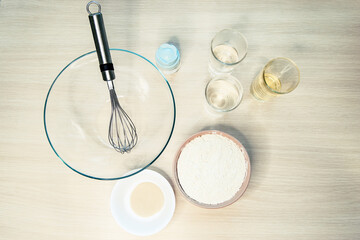 Ingredients for making dough for pie, pizza, cookies. Cooking at home. Christmas pastries. Home leisure.