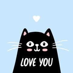 Cat cute face love you romantic vector doodle illustration with a heart isolated on blue background with lettering. Children baby nursery pastel poster.