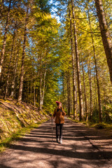 Fototapeta premium Irati forest or jungle in autumn, a young woman on the trail of the Irati houses. Ochagavia, northern Navarra in Spain