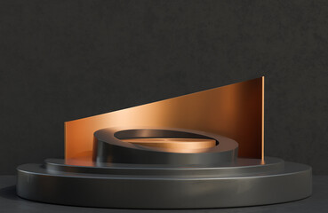 Copper circle podium for product presentation on black concrete wall background luxury style.,3d model and illustration.