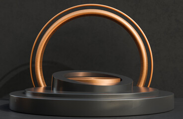 Copper circle podium for product presentation on black concrete wall background luxury style.,3d model and illustration.
