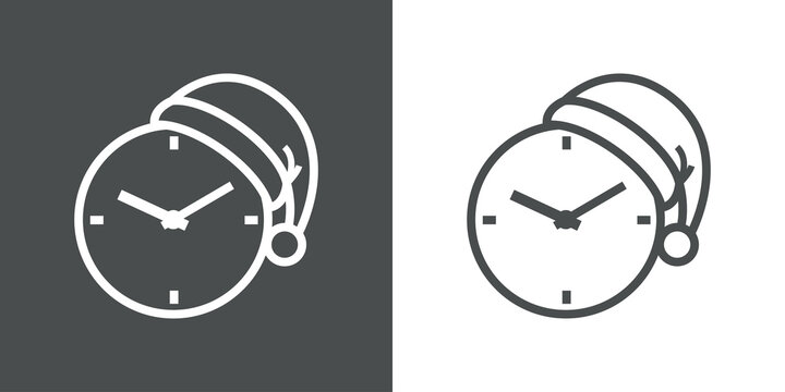 Logotipo con silueta de sombrero de Pap&aacute; Noel con reloj simple con lineas en fondo gris y fondo blanco