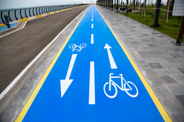 Blue bike path in a newly renovated park. There are cycling icons and direction signs on the road.