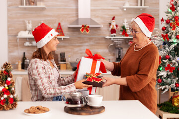 Grandmother surprising granddaughter with xmas wrapper gift celebrating christmas holiday together...