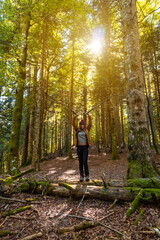 Obraz premium Irati forest or jungle in autumn, a young hiker enjoying the trekking at sunset. Ochagavia, northern Navarra in Spain