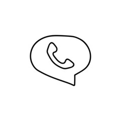 Chat bubble, with phone icon in flat black line style, isolated on white 