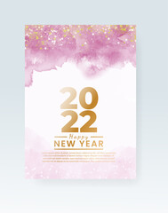 Happy new year 2022 poster or card template with watercolor wash splash 