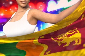 pretty lady holds Sri Lanka flag in front on the party lights - flag concept 3d illustration