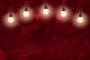 Fototapeta na wymiar red nice sparkling glitter lights defocused bokeh abstract background with light bulbs and falling snow flakes fly, festival mockup texture with blank space for your content