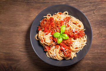 plate of pasta bolognese, top view