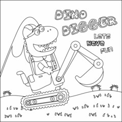 Hand drawing digger and worker dinosaur print design, Childish design for kids activity colouring book or page. © Hijaznahwani