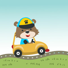 Vector cartoon of funny bear driving car in the road. Can be used for t-shirt printing, children wear fashion designs, baby shower invitation cards and other decoration.