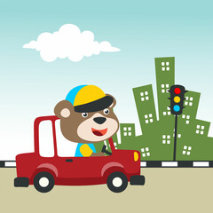 Vector cartoon of funny bear driving car in the road. Can be used for t-shirt printing, children wear fashion designs, baby shower invitation cards and other decoration.