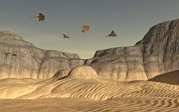 Fliegende Lebewesen über einer außerirdischen Wüstenlandschaft
