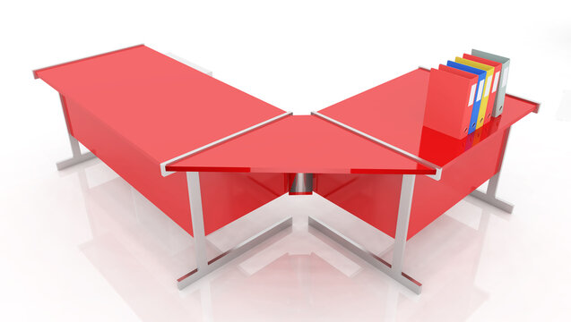 Roter Schreibtisch mit Aktenordnern