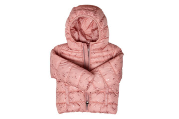 Childrens winter jacket. Stylish pink warm winter down jacket for kids isolated on a white...