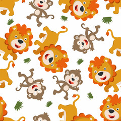 Seamless pattern of cute lion and monkey in the jungle. Creative vector childish background for fabric, textile, nursery wallpaper, poster, card, brochure. and other decoration.