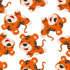 Fototapeta premium Seamless pattern of cute tiger running in the jungle. Creative vector childish background for fabric, textile, nursery wallpaper, poster, card, brochure. and other decoration.