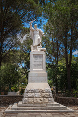 Haifa, Israel. June 17, 2021: Statue of prophet Elijah in Muhraka monastery of the Carmelite on the Carmel mount - obrazy, fototapety, plakaty